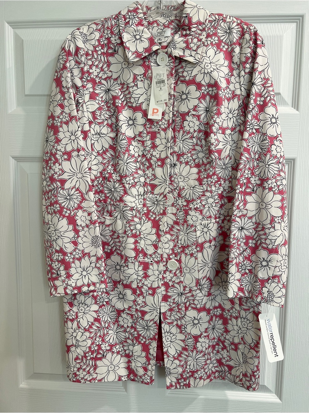 NWT Ann Taylor LOFT Floral Pink & White Trench Rain Coat Jacket Sz. 8 Petite